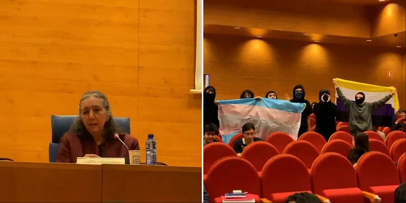 Un grupo de estudiantes con banderas del colectivo trans y no binario se manifestaron durante un acto de Marcela Lagarde en la Universidad Complutense de Madrid, el miércoles 20 de marzo. (TOWANDA REBELS)