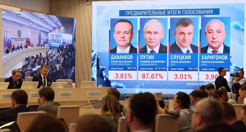 Resultados preliminares de las elecciones presidenciales rusas se muestran en una pantalla en la Comisión Electoral Central en Moscú el 17 de marzo de 2024. Foto AFP