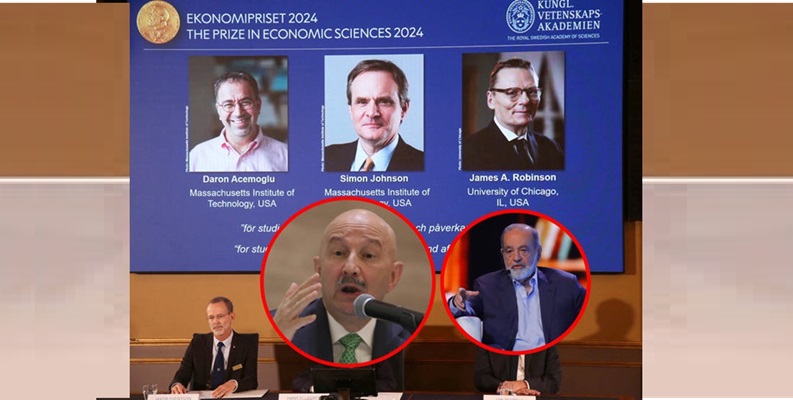 Tres economistas ganadores del Premio Nobel de Economía 2024, Daron Acemoglu, Simon Johnson y James Robinson, critican a Carlos Slim en su libro Por qué los países fracasan. Foto: Reuters