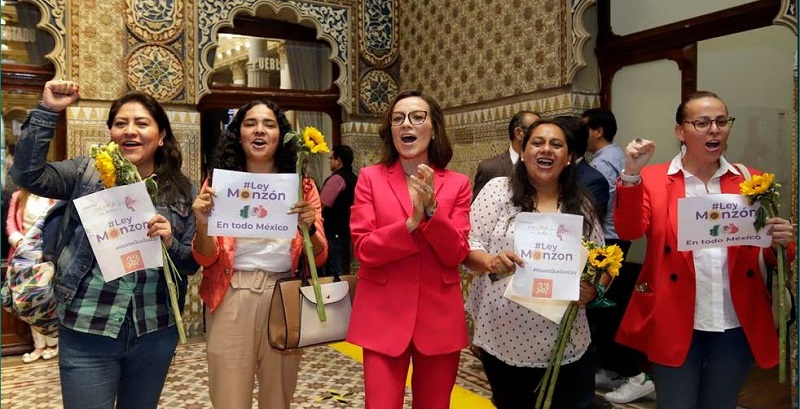 La diputada Mónica Silva y un grupo de activistas celebran la aprobación de la Ley Monzón, en el Congreso de Puebla, este jueves. HILDA RÍOS (EFE)