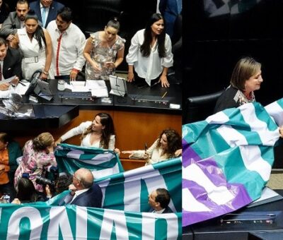 El presidente de la Mesa Directiva del Senado, Alejandro Armenta Mier (c) durante la protesta.