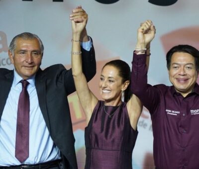 Claudia Sheinbaum junto a Adán Augusto y Mario Delgado, este 6 de septiembre en Ciudad de México. NAYELI CRUZ