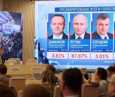 Resultados preliminares de las elecciones presidenciales rusas se muestran en una pantalla en la Comisión Electoral Central en Moscú el 17 de marzo de 2024. Foto AFP