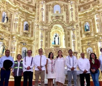 La entrega de las obras de restauración estuvo a cargo de Marina Núñez, Subsecretaria de Desarrollo Cultural de la Secretaría de Cultura (SC), y Sergio Salomón Céspedes, gobernador de Puebla. Crédito: Cortesía INAH