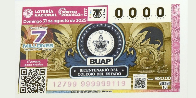 Lotería Nacional emite billete conmemorativo del bicentenario del Colegio del Estado. (BUAP)