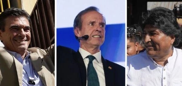 Rodrigo Paz Pereira, Jorge “Tuto” Quiroga y Evo Morales en la jornada de este domingo. Foto: AP