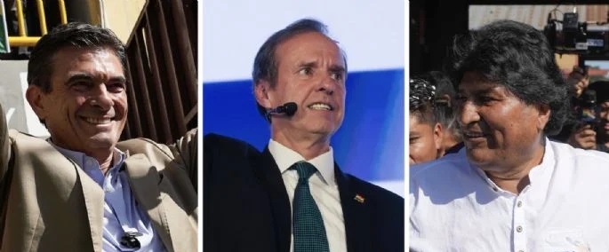 Rodrigo Paz Pereira, Jorge “Tuto” Quiroga y Evo Morales en la jornada de este domingo. Foto: AP