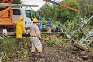 Personal de CFE labora para restablecer la energía eléctrica en comunidades afectadas por lluvias. Foto CFE