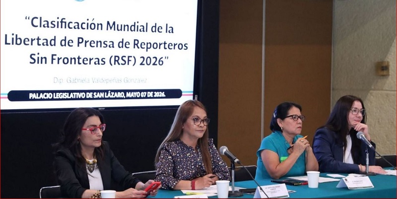 Primavera Téllez, Gabriela Valdepeñas, Balbina Flores Martínez y Érika Paz, en la presentación del informe “Clasificación Mundial de la Libertad de Prensa de Reporteros Sin Fronteras (RSF) 2026”. Foto: Cámara de Diputados