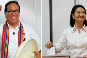 Roberto Sánchez y Keiko Fujimori tras emitir su voto el 7 de junio de 2026.