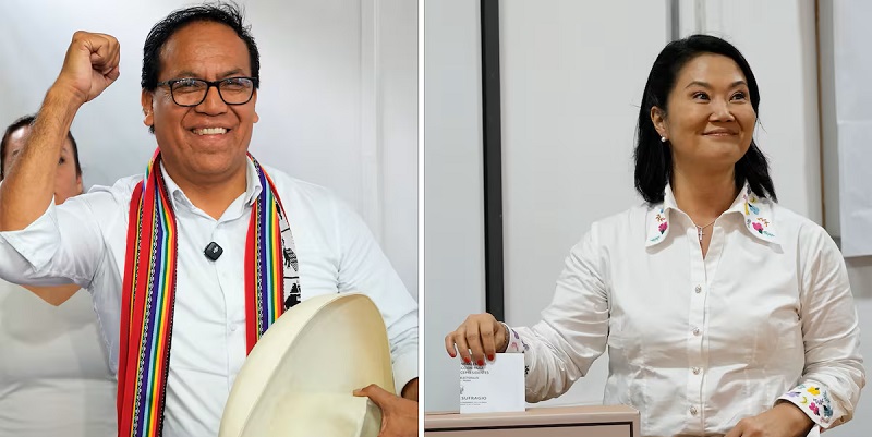 Roberto Sánchez y Keiko Fujimori tras emitir su voto el 7 de junio de 2026.