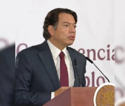 El secretario de Educación, Mario Delgado, durante la conferencia presidencial de esta mañana desde Palacio Nacional. Imagen tomada de la transmisión en vivo