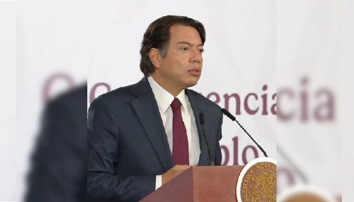 El secretario de Educación, Mario Delgado, durante la conferencia presidencial de esta mañana desde Palacio Nacional. Imagen tomada de la transmisión en vivo