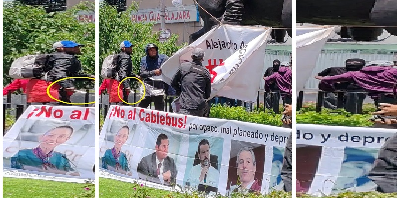 Un grupo de hombres arrancaron lonas y después atacaron a algunos de los participantes en la protesta contra el Cablebús en Puebla (Foto: Facebook: Rebeldías Resistencias. El Común y Otras Luchas.)